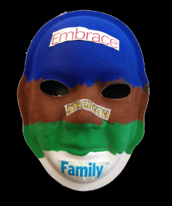 Unmasking Brain Injury mask painted blue, brown, green and white