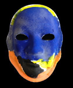 Unmasking Brain Injury mask painted with blue, black, yellow and orange