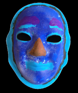 Unmasking Brain Injury mask painted blue with purple eyebrows and an orange nose