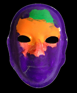 Unmasking Brain Injury mask painted purple with orange and green