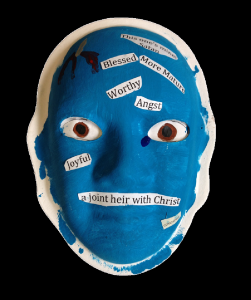 Unmasking Brain Injury mask painted blue with text