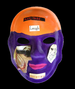 Unmasking Brain Injury mask painted part orange and part purple with text