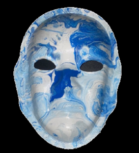 Unmasking Brain Injury mask painted with blue swirls