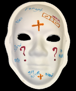 Unmasking Brain Injury mask painted with question marks and crosses