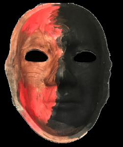 Unmasking Brain Injury mask painted red and black