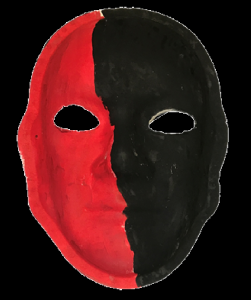 Unmasking Brain Injury mask painted red and black