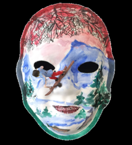 Unmasking Brain Injury mask painted with a mountain lake scene