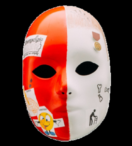 Unmasking Brain Injury mask painted red and white with collage