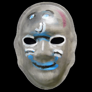 Unmasking Brain Injury mask painted silver with facial features