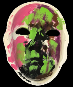 Unmasking Brain Injury mask painted pink, purple, green and black