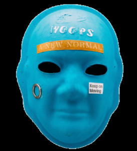 Unmasking Brain Injury mask painted blue with text