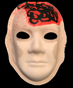 Unmasking Brain Injury mask painted pink with an orange section with black swirl