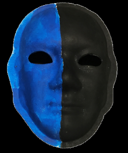 Unmasking Brain Injury mask painted black and blue