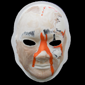 Unmasking Brain Injury mask painted peach with orange lines