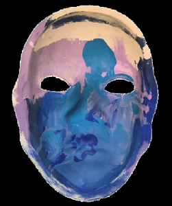 Unmasking Brain Injury mask painted blue, lilac and peach