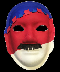 Unmasking Brain Injury mask painted red, blue and white with a mustache