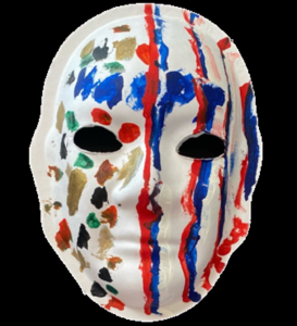Unmasking Brain Injury mask painted with blue and red stripes and multicolored splotches