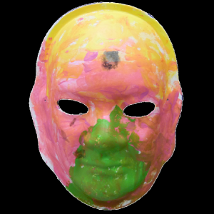 Unmasking Brain Injury mask painted yellow, green and pink