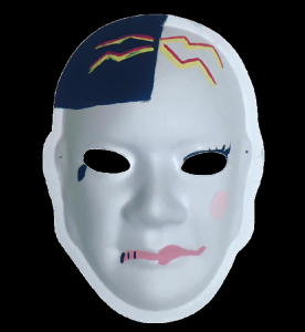 Unmasking Brain Injury mask painted with a blue segment and orange and red zig zags on the forehead