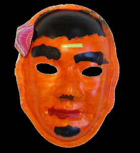 Unmasking Brain Injury mask painted orange with facial features and hair