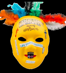 Unmasking Brain Injury mask painted yellow with text cut from magazines and feathers