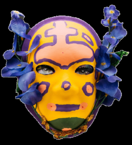 Unmasking Brain Injury mask painted yellow with purple and green shapes