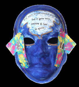 Unmasking Brain Injury mask painted blue with white on the forehead and text