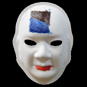 Unmasking Brain Injury mask painted with a black and blue square