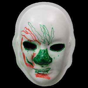 Unmasking Brain Injury mask painted with red and green lines and a green nose