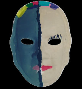 Unmasking Brain Injury mask painted half blue and half white with multicolored splotches on top