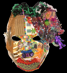 Unmasking Brain Injury mask with collages decorating it