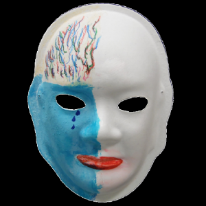 Unmasking Brain Injury mask painted with part blue with multicolored stripes