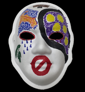 Unmasking Brain Injury mask with orange and blue and purple and yellow designs and a no sign over the mouth