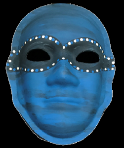 Unmasking Brain Injury mask painted blue with spots around both eyes
