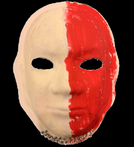 Unmasking Brain Injury mask painted half red and half pink