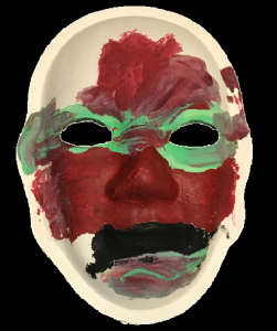 Unmasking Brain Injury mask painted with red, green and gray