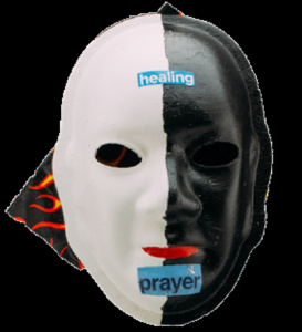 Unmasking Brain Injury mask painted half black and half white with red lips and flames