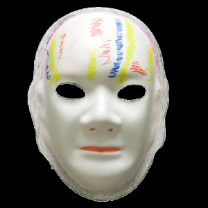 Unmasking Brain Injury mask painted with blue, yellow and red lines