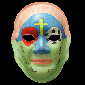Unmasking Brain Injury mask painted green, blue and pink with a heart and cross