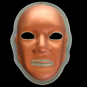 Unmasking Brain Injury mask painted copper with silver outlines