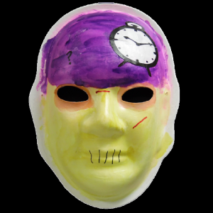Unmasking Brain Injury mask painted purple and yellow with a clock on it