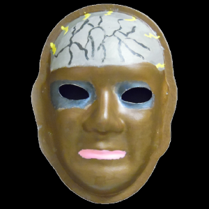 Unmasking Brain Injury mask painted bronze with a white forehead with lightning