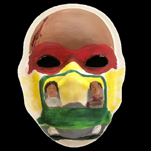 Unmasking Brain Injury mask painted with red. green and yellow sections