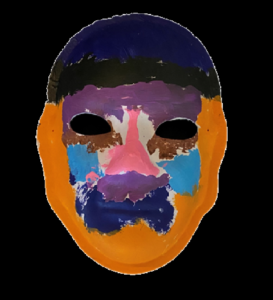 Unmasking Brain Injury mask painted with orange, black, purple and blue