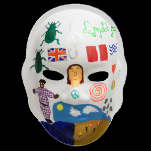 Unmasking Brain Injury mask with various painted designs, flags, bugs and people