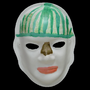 Unmasking Brain Injury mask painted with green on the forehead and brown on the nose and red on the mouth