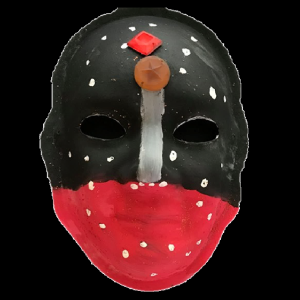 Unmasking Brain Injury mask painted half black and half red with white spots