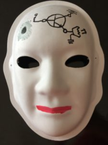 Unmasking Brain Injury mask painted with a diagram