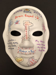 Unmasking Brain Injury mask painted with text