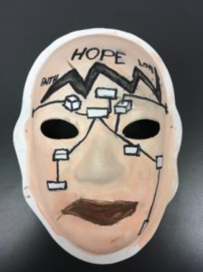 Unmasking Brain Injury mask painted with lines and the word "hope"